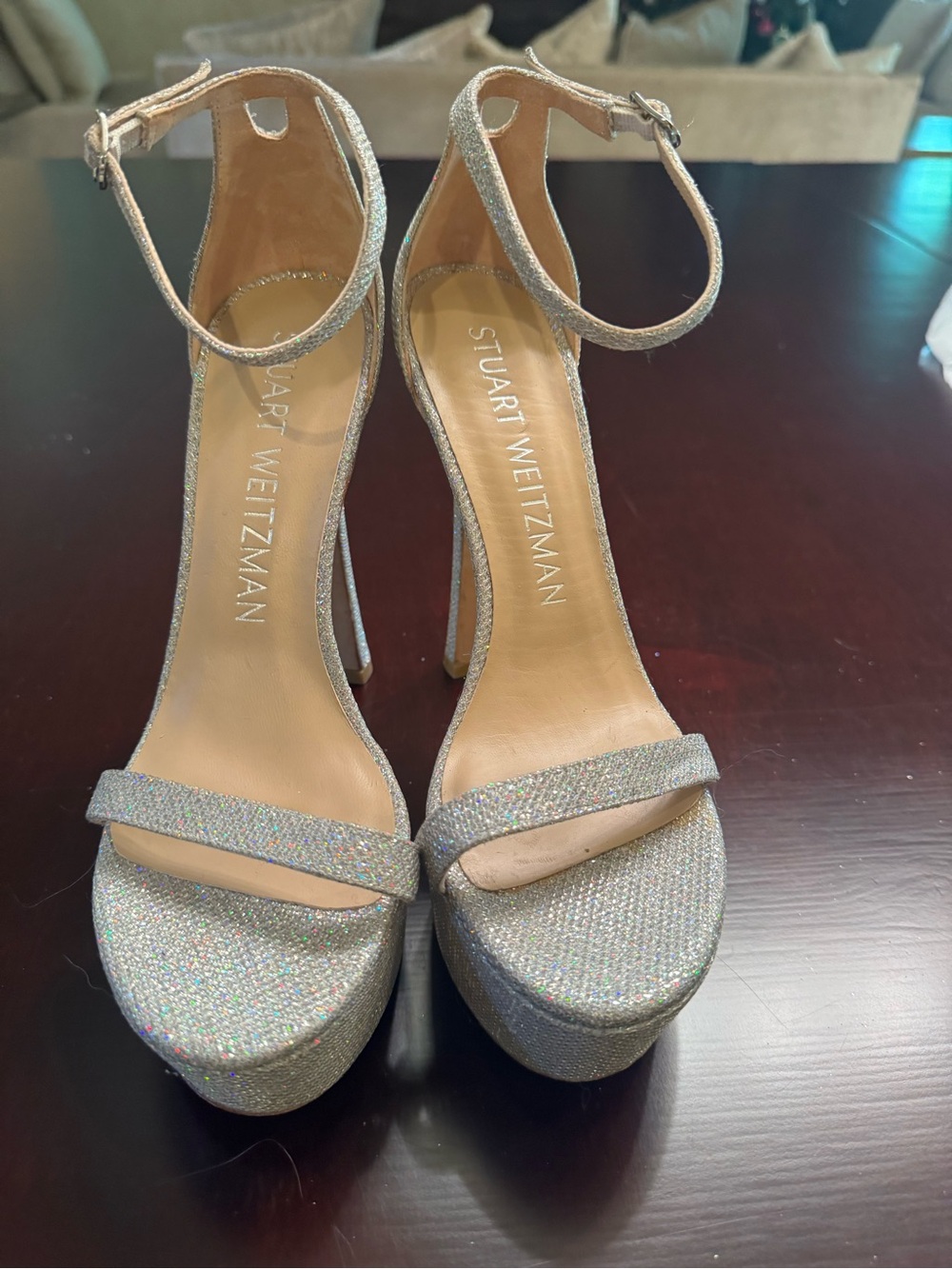 Stuart Weitzman Silver Glitter Platform Ankle-Strap Heels